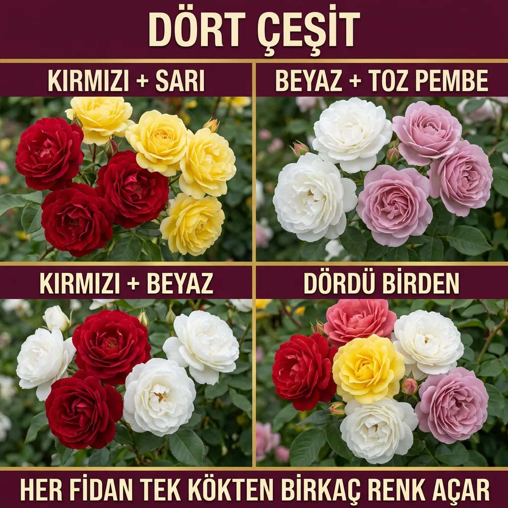 Dört çeşit — kırmızı+sarı, beyaz+toz pembe, kırmızı+beyaz, dördü birden
